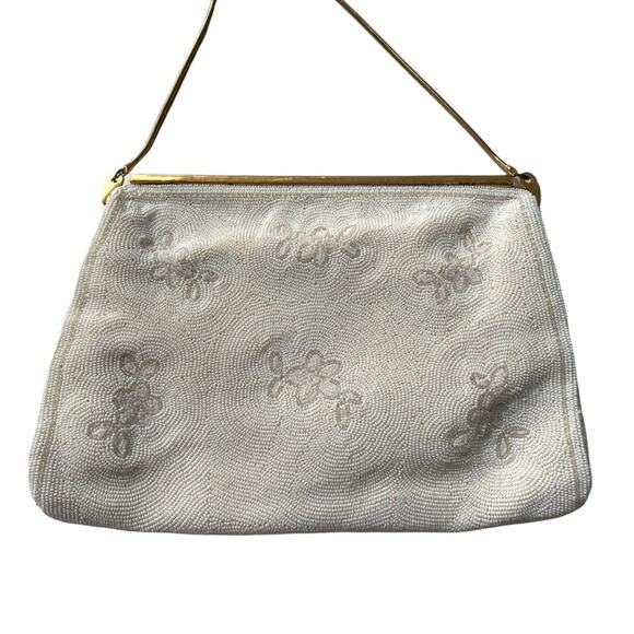 Vintage 1950s Handmade Beaded Bag White Floral Gold Hardware Bridal Wedding EUC - Picture 10 of 16